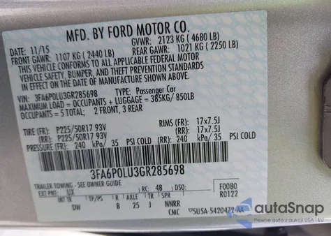2016 Ford Fusion Hybrid Se из США, поврежденный, VIN 3FA6P0LU3GR285698